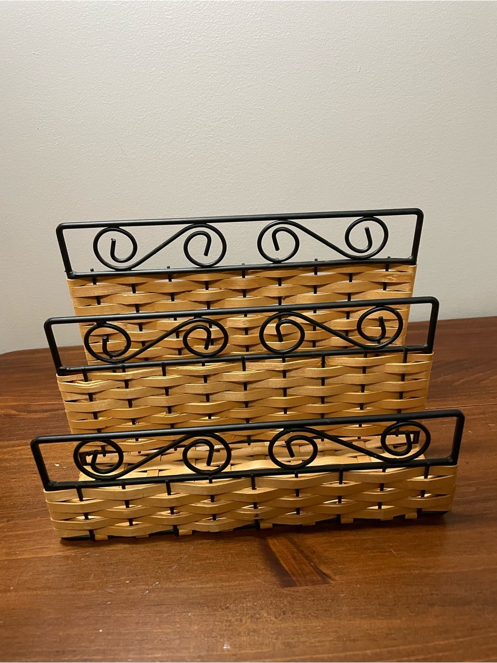 Woven Bamboo & Black Metal Three-Tier Desk Organizer